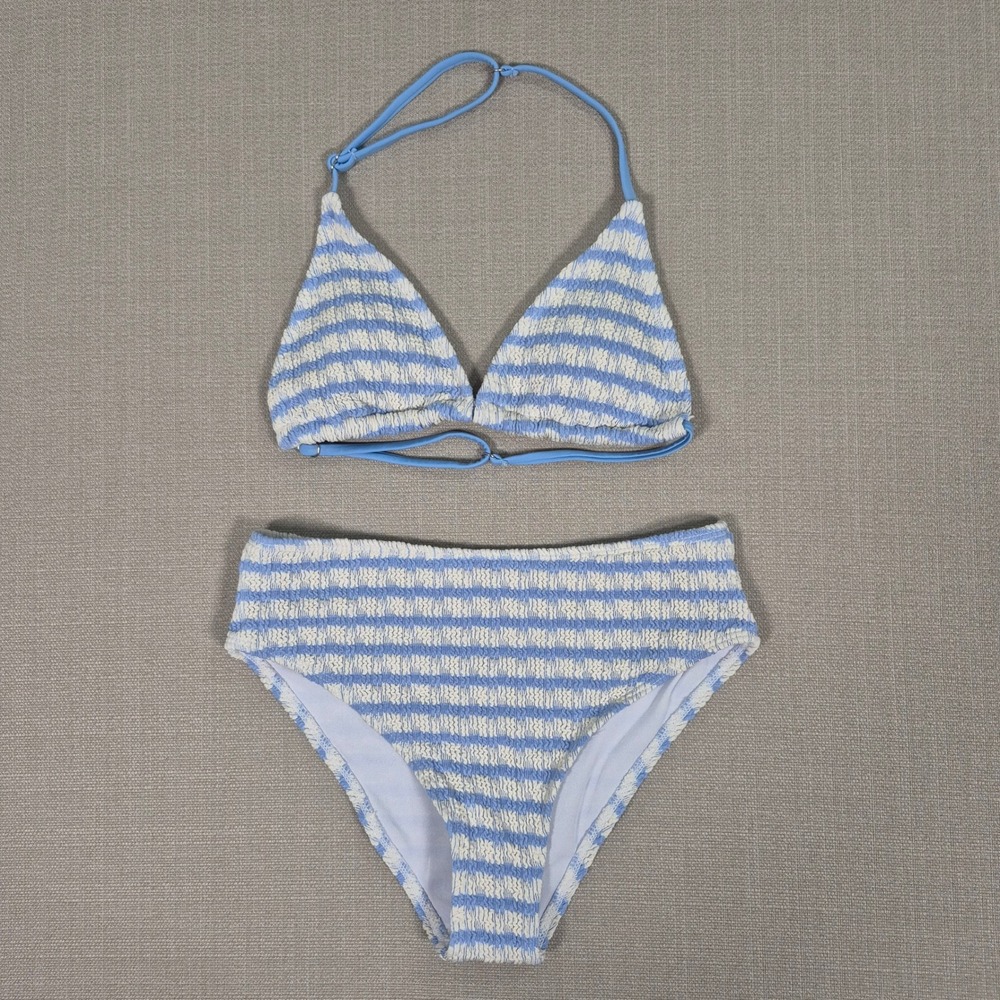Girls Blue White Striped Smocked Halter Bikini Set Size 11Y
